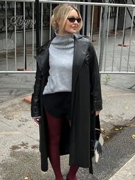 Autumn Winter Long Black Pu Leather Trench Coat Women Lapel Belt Pockets Loose Jackets Casual Fashion Oversized Lady Overcoat 240109
