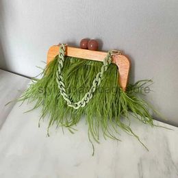 Totes Acrylic Chain Fur Dinner Bag Shoulder Underarm Ostrich Hair Wooden Frame Handbag Femalestylishhandbagsstore