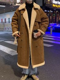 Mauroicardi Autumn Winter Long Cool Loose Thick Warm Brown Faux Shearing Sheepskin Coat Men Double Breasted Unisex Clothes 240110