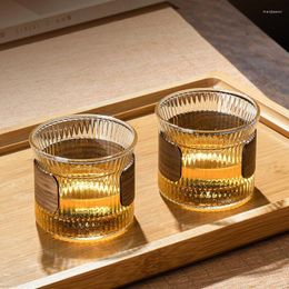 Wine Glasses GIANXI 170ml Glass Tea Cup Set Walnut Chinese Style Transparent Drinkware Household Wooden Ring Mug