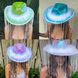 Berets Y166 Funny Party Hats Cowboy Hat For Womens Glitter Tassels Western Furry Trims Costume Dress Up