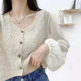Women's Blouses B36D Women Cropped Cardigan Tops Hollow Out Knitted Shirt Sexy V- Neck Crop Retro Long Puff Sleeve Crochet Blouse