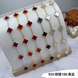 S925 Sterling Silver Four-leaf Clover Five Flower Bracelet Small Crowd Luxury Net Red Lucky Double-sided White Fritillary Carnelian Je B86o