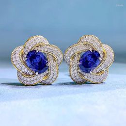 Stud Earrings S925 Silver Flower Design Inlaid With 6 8 Sapphire Style Retro Wholesale