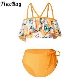 Wear Kids Girls Bikini Swimsuit Set Beach Tankini Swimwear Spaghetti Straps Ruffled Crop Tops with Drawstring Briefs Bathing Suit