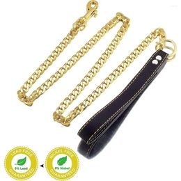 Dog Collars 18K Gold Chain Leash Metal Chew Proof 12mm With Leather Padded Handle Heavy Duty Pet Walking Training Leads