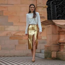 OL Women Skirt Sequin Gold jupe femme faldas Midi Skirts For Party Split Long Woman Skirt Glitter 240110