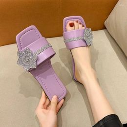 Slippers Summer Flower Flats Shoes Women Crystal Slingback Flip Flops Open Toe Sandals 2024 Femme Zapatos Beach Slides