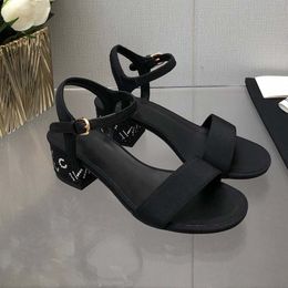 Classic High heeled sandals designer shoes fashion 100% leather women Dance shoe sexy heels Suede Lady Metal Belt buckle Thick Heel Summer Patchwork Shallow Sandals