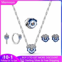 Earrings 100% 925 Sterling Silver Spring Blue Pansy Flower Stud Earrings Necklace Charms Fit Original Bracelet DIY For Women Gift Jewellery