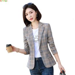 Gray Striped Plaid Blazer Jacket Women's Fashion Slim Coats V-Neck Single Button Ladies Blazers S-XXXXXL 240109