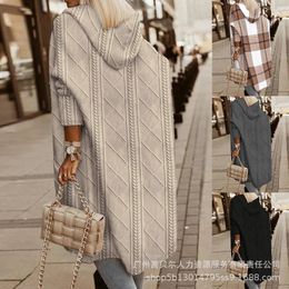 Outono e inverno trench coat feminino cor sólida xadrez impresso cardigan grande casaco feminino manga longa com capuz solto trench 240109