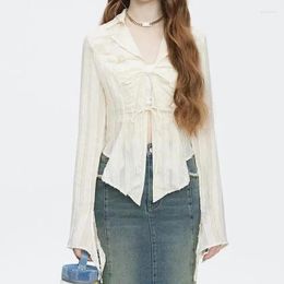 Women's Blouses Spring Turn-down Collar Shirt Lace Up Long Sleeve Blouse Women Korean Fashion ButterFly Design Ladies Slim Tops 30350