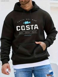 Men's Hoodies Sweatshirts Autumn Winter Plush Loose Size Fish Costa Letter Print Hoodies For Men T240110