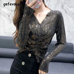 Women's T Shirts Clothing 2024 Spring Autumn Korean Fashion Ruched Sequins Glitter Party T-shirts Sexy V Neck Long Seeve Slim Club Tops