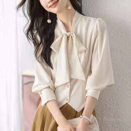 Women's Blouses Korean Fashion Bow Satin Shirt Long Sleeve Short Buttons Blouse 2024 Spring Autumn High-Grade Temperament Chic Top