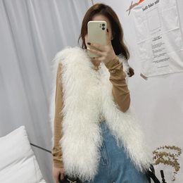 11 Colours Luxury Thick Warm Mongolia Sheep Fur Vest Women Winter V-neck Sexy Wool Fur Coat 240109
