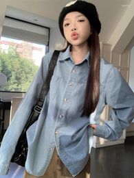 Women's Blouses Korejepo American Retro Denim Shirts Lapel Single Row Multi Button Mid Length Shirt 2024 Early Spring Women Long Sleeved Top