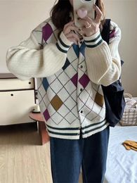 Korobov Autumn Winter Thick Vintage Sweater Female Contrast Colour Diamond Cheque Loose Knitted Cardigan Korean Fashion Coat 240109