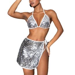 SOWXOF 1PCS swimsuit three-piece sexy point diamond sequins performance suit nightclub women's bra bikini hip skirt 240109