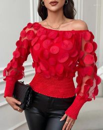 Women's T Shirts Floral Blouses Women Clothing Pattern Solid Sheer Mesh Bubble Sleeve Top Spring Summer Slim Off Shoulder Blouse