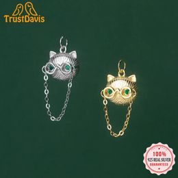 Pendants TrustDavis Real 925 Sterling Silver Fashion Hip Hop Cat Glasses CZ Charm Pendant Handmade DIY Accessories Fine Jewellery HY320