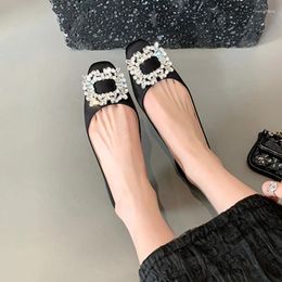 Sandals Shiny Crystal Flats Square Buckle Decoration Women Elegant Round Toe Shoes Shallow Mouth Wedding Sandalias Mujer