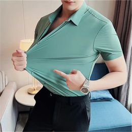 6colors High Quality Solid Elasticity Seamless Short Sleeve Shirts Men Slim Social Casual Business Formal Dress Shirt 240109