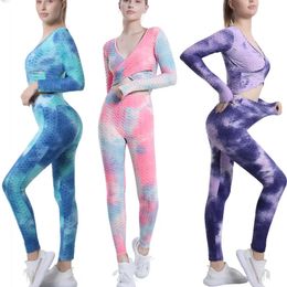 Tie Dye Yoga Suit Long Sleeve Womens Tracksuit Gym Sport Yoga Set For Ladies Women's Sportswear Gym Sets For Women 240110