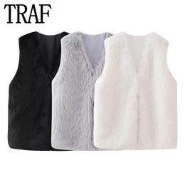 TRAF Faux Fur Vest Women White Black Furry Coat Fluffy Sleeveless Jacket Woman Cardigans Women's Winter Jacket Waistcoat 240109