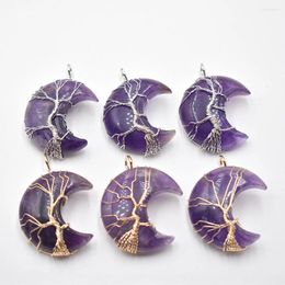 Pendant Necklaces Natural Stone Amethysts Tree Of Life Moon Shape Reiki Polished Mineral Jewellery Healing For Men Women 6pcs