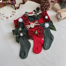 Cuttyful, рождественские носки для маленьких девочек, детские хлопковые носки с большим бантом, однотонные шерстяные гетры для девочек, мягкие утолщенные носки для маленьких девочек 240109
