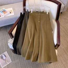 Skirts Oversized Solid Woollen Skirt Women Autumn Winter Elastic Waist Single Breasted Pocket Fashion All-matched Dresses