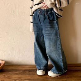 Trousers Girl's One-Button Retro Denim Straight Pants Spring And Autumn Korean Dark-Colored Baby Kids Casual Loose Wide-Legged Jeans