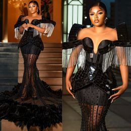 Luxurious Feathered Prom Dresses Sparkling Mirror Sequins Tulle Pearls Evening Dresses for African Balck Women Beaded Birthday Party Dress Engagement Gowns ST778