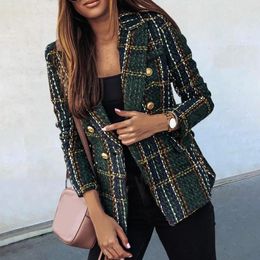 Women Blazer Plaid Print Lapel Long Sleeves Autumn Thick Doublebreasted Cardigan Formal Business Winter Coat For Female 240109