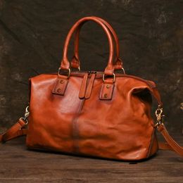 Luufan Vintage Genuine Leather Travel Bag For Men Soft Cowhide Unisex Travel Duffel Large Shoulder Bag Male Luggage Duffle Bags 240109