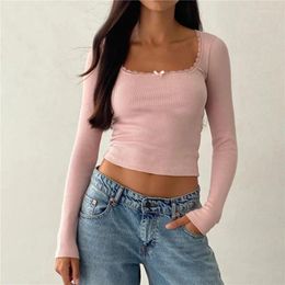 Women's T Shirts 2024 Women Y2K Lace Trim Bow Knitted Tees Long Sleeve Fairy T-Shirts Aesthetic Slim Fit Crop Tops Harajuku 90s Vintage