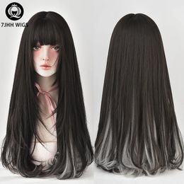7JHHWIGS Long Straight Black Ombre Ash Wig With Bangs For Women Daily Fashion Synthetic Loose Colorful Hair Wigs Burgundy 240110
