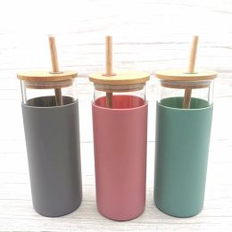 16oz Glass Mug Tumbler Juice Cup Milk Cups with Silicone Sleeve Bamboo and Straw Enviroment Friendly Novelty Wine Bottle Office Drinkwar ZZ