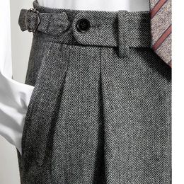 Men's Autumn Winter High Waist Woollen Trousers Male Tweed Business Casual Pants Men Long Formal Straight Pants H336 240109