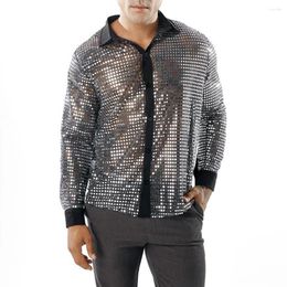 Men's Casual Shirts Men Sequined Shirt For Retro 70s Disco Daily 1 Male Tops Black Fall Polyester Mesh Sequin Comfy Mens