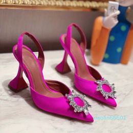 2024 Shoes Pointed Toes Suower Crystal Buckle Embellished Studded Sandal Summer Fashion 10cm Heel