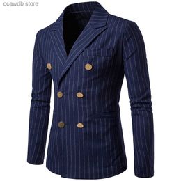 Men's Suits Blazers Men Long Sleeve Blazer Stripe Pattern Decorative Chest Pocket Design Causal Business Fashion Slim Fit Double-breasted Men Blazer T240110