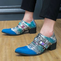 Fashion Print High Heels Men Stylish Blue Suede Lace-up Men's Dress Trendy Pointed Toe Social Party Shoes Man