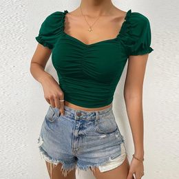 Women's Blouses Women Sexy Deep V-neck Draped Blouse Spring Solid Slim Tight Top Pullover Summer Puff Short Sleeve Streetwear Shirt Harajuku