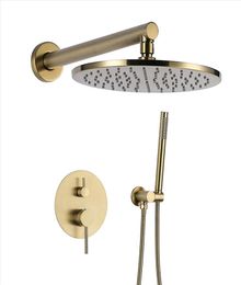 Brass Brushed Gold Rain Shower Faucet Set Wall Mounted Shower Arm Diverter Mixer Tap Handheld Spray Set8897507