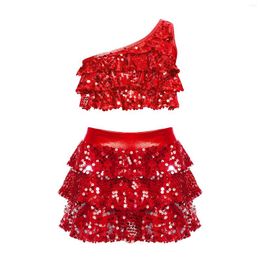 Clothing Sets Kids Girls Jazz Dance Outfit Shiny Sequins Tiered One Shoulder Crop Top With Mini Pantskirt For Latin Stage Dancing