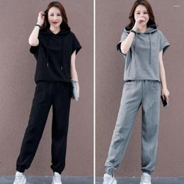 Women's Two Piece Pants Soft Top Trousers Suit Loose Summer Hoodie Set Drawstring Ankle-banded Lady Sweatshirt Daily Wear