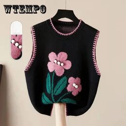 WTEMPO Women's Sleeveless Knitted Vest Sweater Fall Spring Flower Waistcoat Loose Casual Ladies Short Knitting Gilet 240110